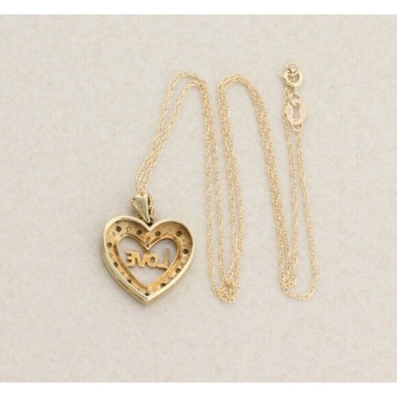 10K Yellow Gold Diamond Love Heart Heart Necklace 18" Chain - Picture 7 of 8